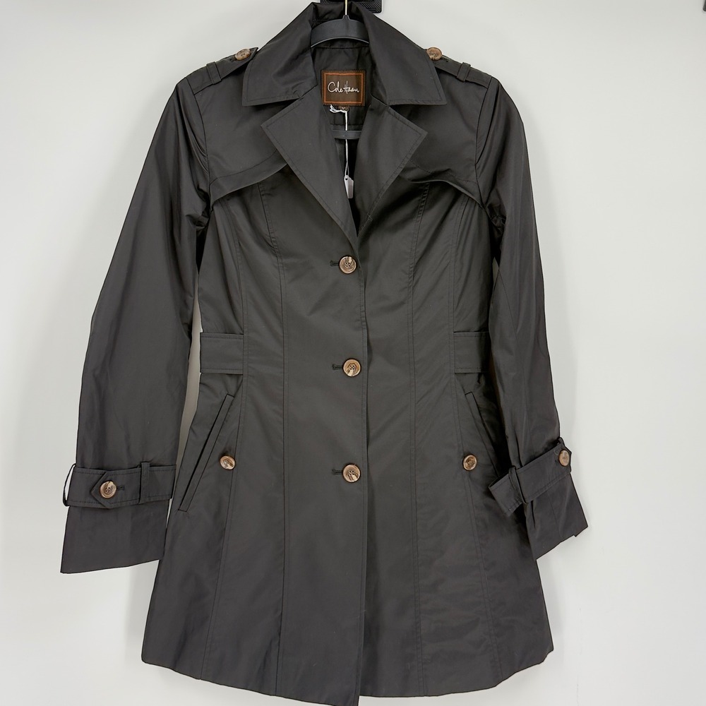 Cole Haan Womens Black Trench Coat XS Button Front Epaulettes Rain Jacket